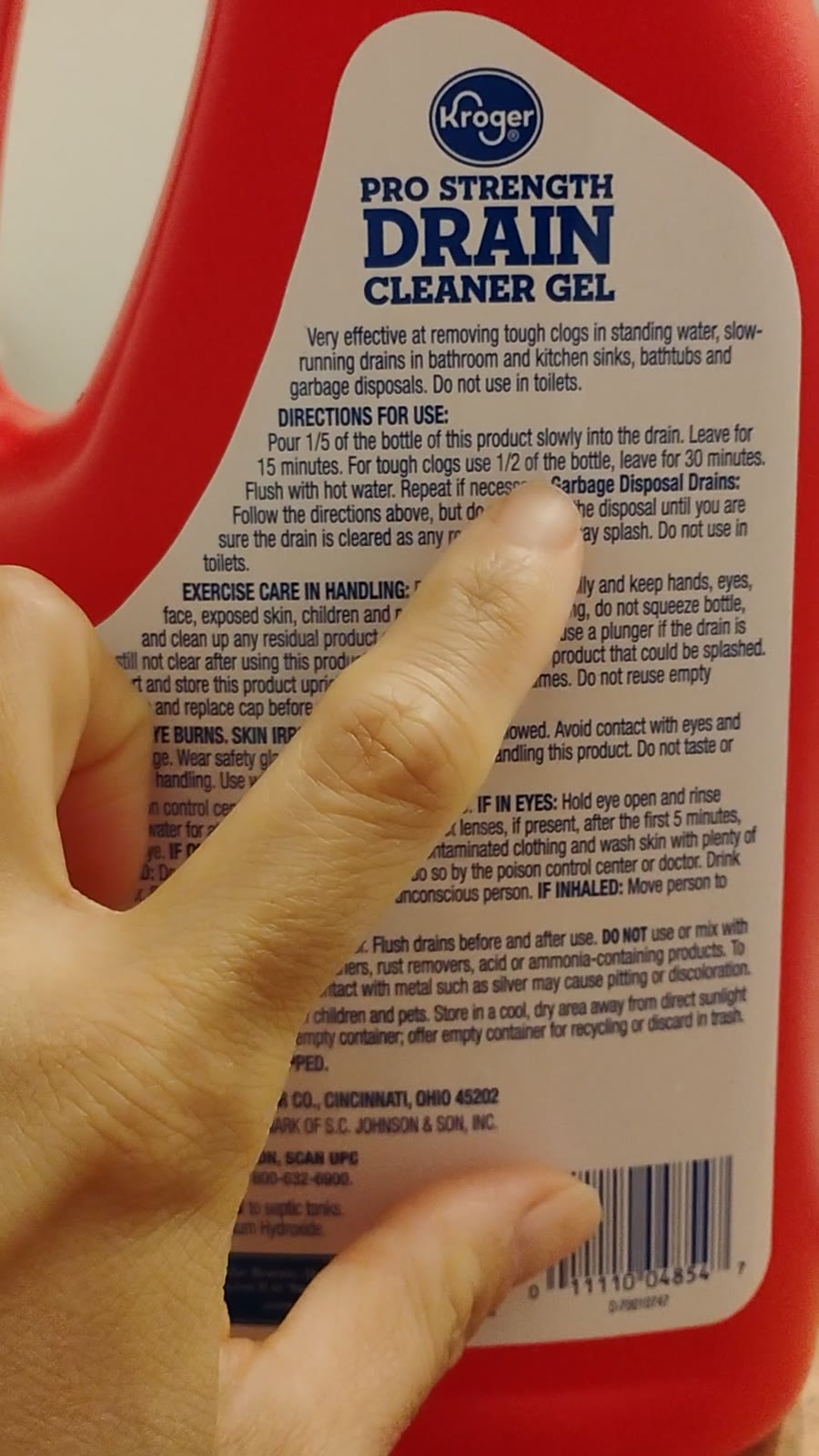 Drain Cleaner Gelボトル裏面の使用方法(Directions for Use)表示