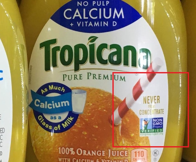 Tropicanaオレンジジュースのラベルに記載されたNever From Concentrateの表示