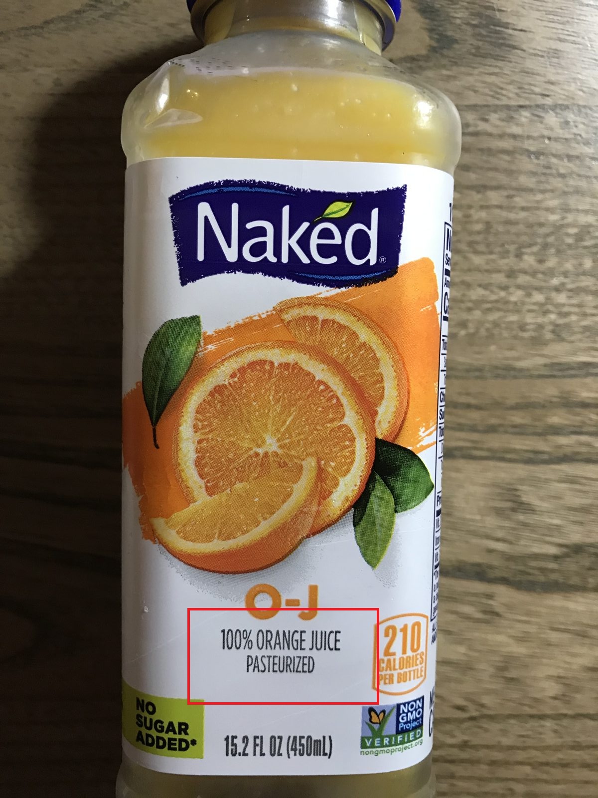 NakedのO-Jボトルに記載されたPASTEURIZED表示
