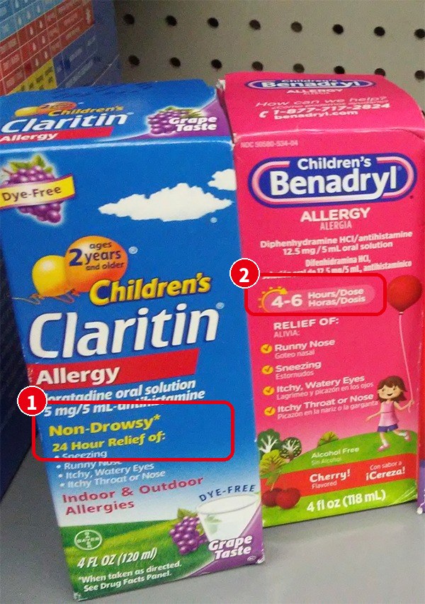 子ども用のアレルギー薬 Children's Claritin と Children's Benadryl の箱