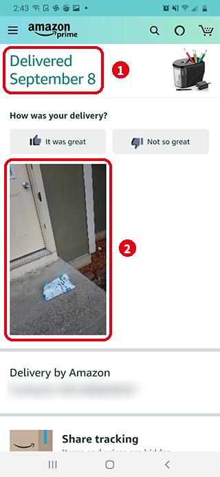 アマゾンのアプリの配達記録(Delivered の表示と、荷物を置いた場所の写真)