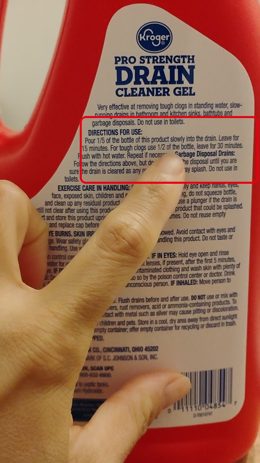 Drain Cleaner Gelボトル裏面の使用方法(Directions for Use)表示