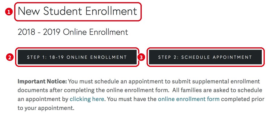 学区のホームページの「New Student Enrollment」(新入生の申込み)の画面