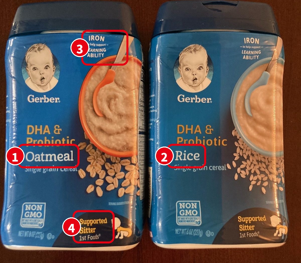 アメリカの離乳食のライスシリアル・オートミール|Gerberのoatmeal cereal(オートミール)とrice cereal(ライスシリアル)の容器