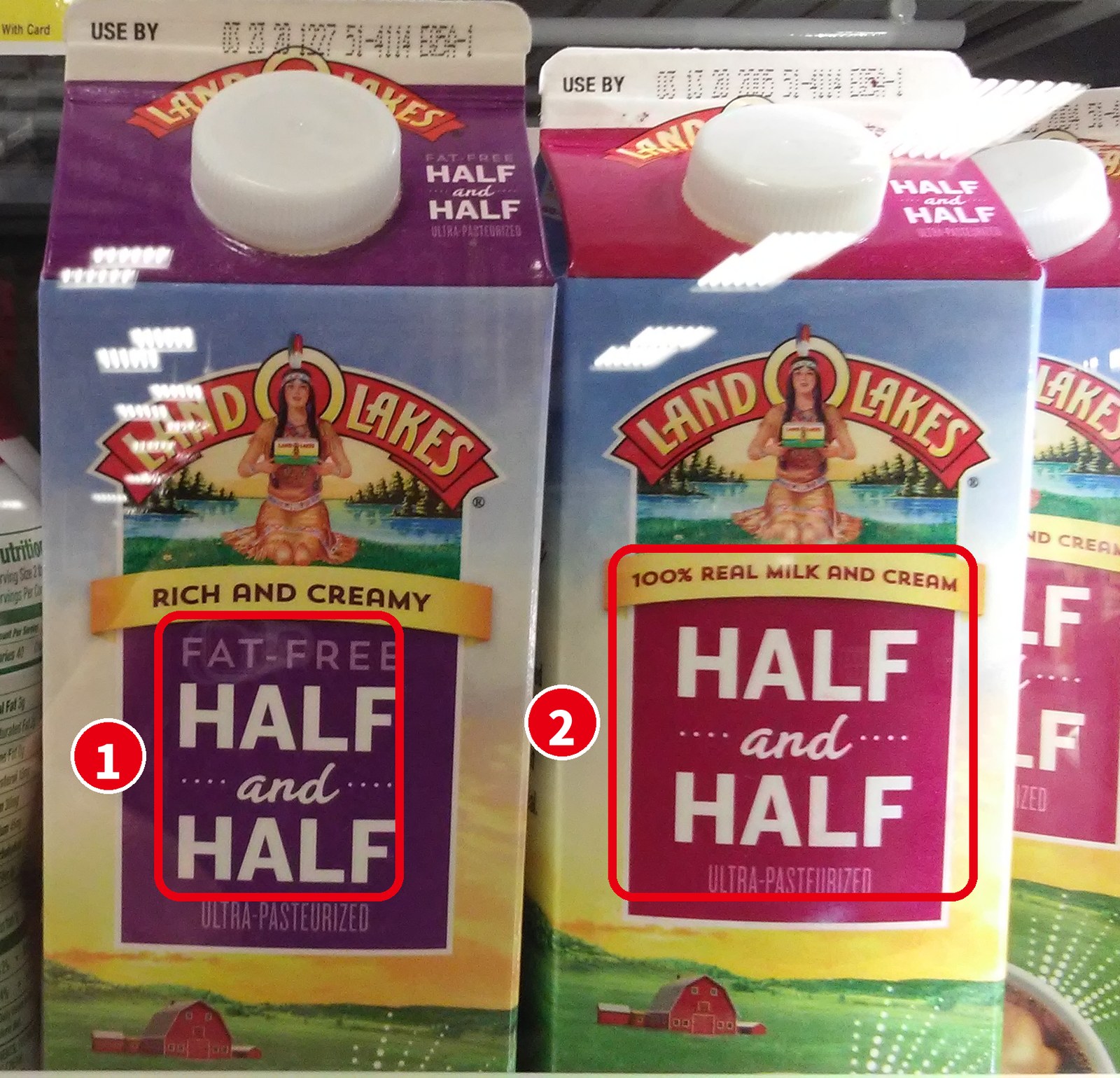 Land O Lakes の Fat Free Half and Half と Half and Half のパッケージ