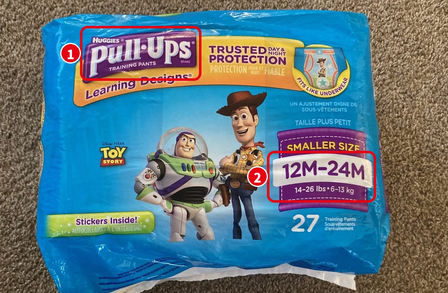 アメリカのトレーニングパンツ(training pants)|Huggies Pull-Ups(トイ・ストーリー柄、12M-24Mサイズ)のパッケージ