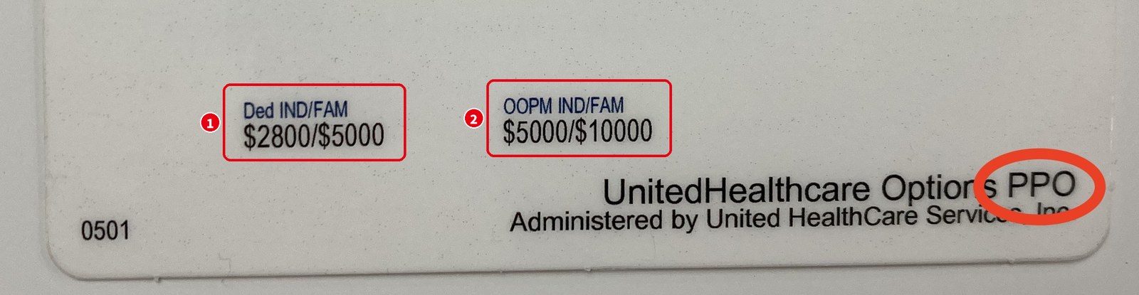 保険証の下の部分。Ded IND/FAM $2800/$5000、OOPM IND/FAM $5000/$10000、PPO の表示