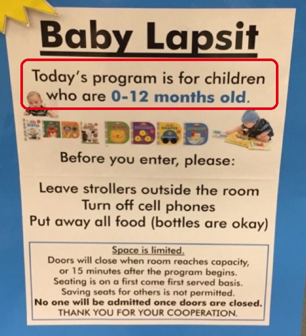 図書館の「Baby Lapsit」の案内。0〜12か月の子ども向けのプログラムと書かれている