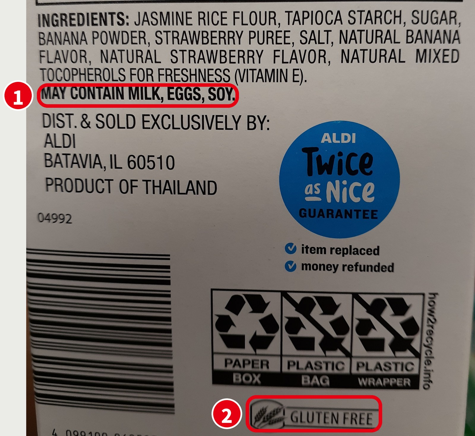 ライスクラッカーの箱の「MAY CONTAIN MILK, EGGS, SOY.」と「GLUTEN FREE」のマーク
