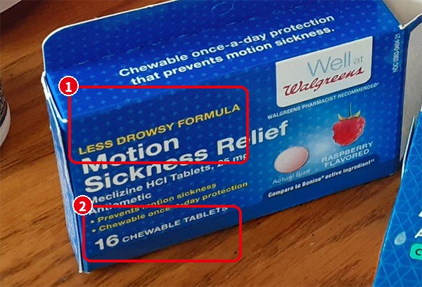 Walgreens の酔い止め「Motion Sickness Relief」(かんで飲むタイプ)