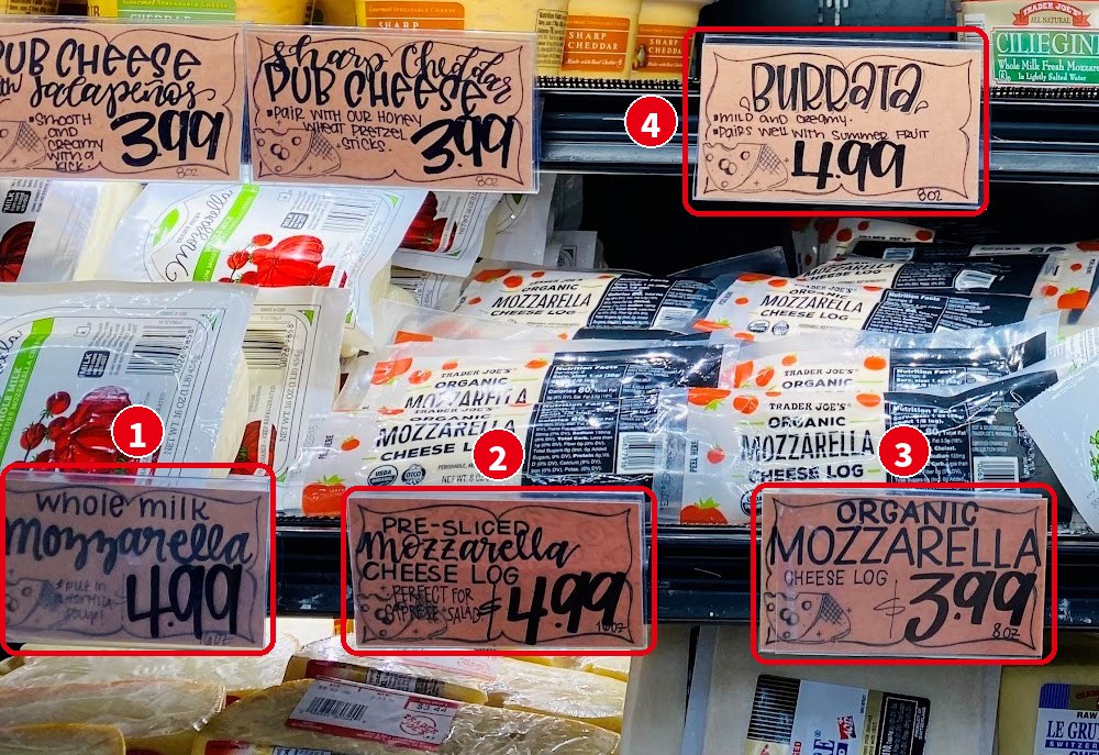 Trader Joe’s のモッツァレラとブラータの売り場の値札