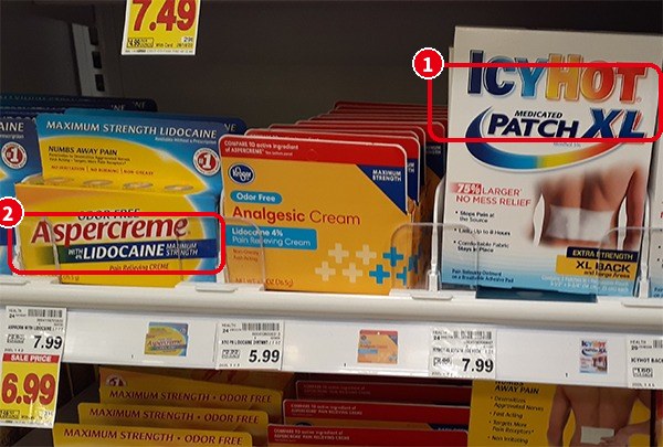 湿布とクリームの棚(IcyHot PATCH XL・Aspercreme with Lidocaine など)