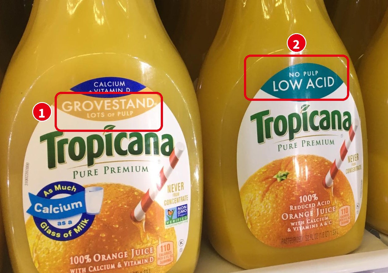 TropicanaのGrovestand（Lots of Pulp）とLow Acidのオレンジジュース