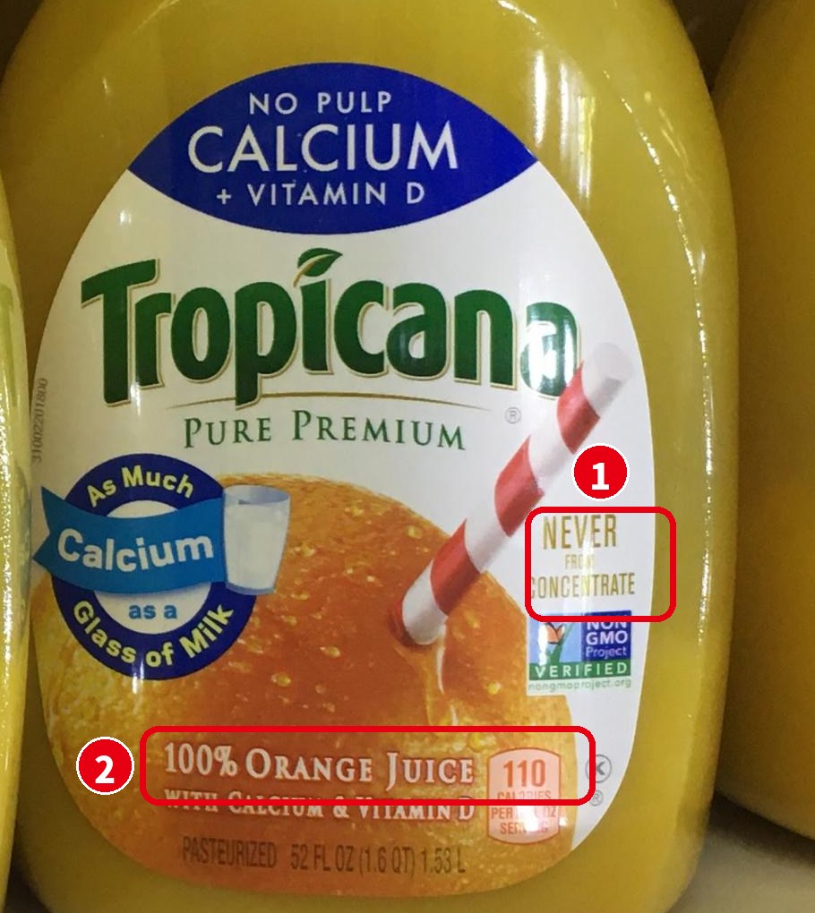 Tropicanaオレンジジュースのラベルに記載されたNever From Concentrateの表示