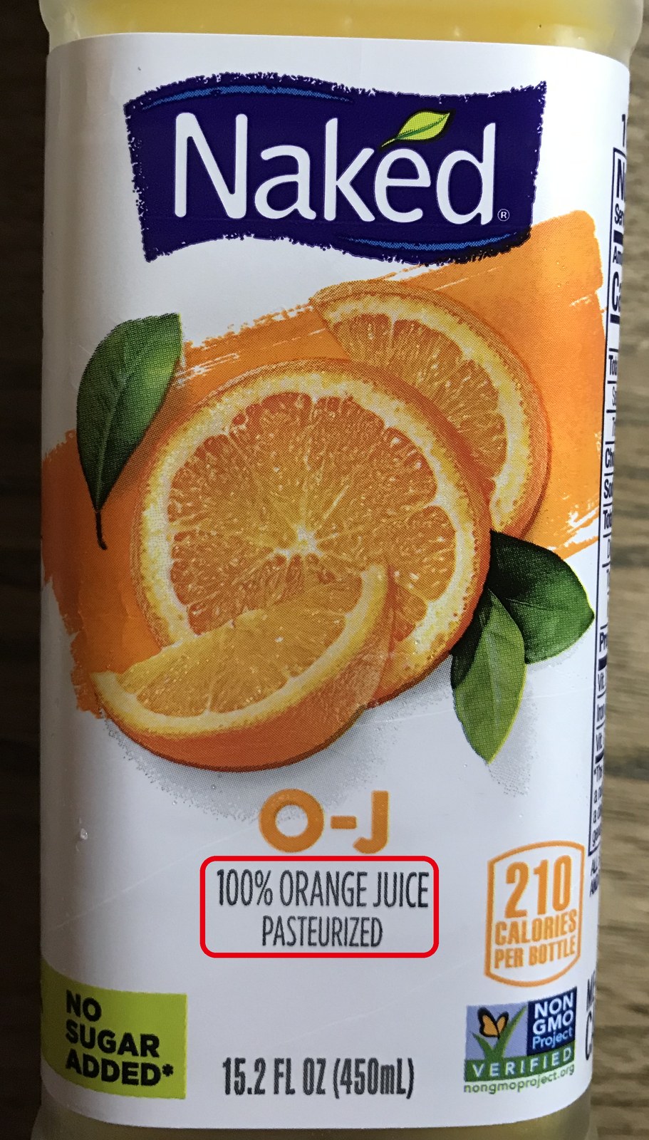 NakedのO-Jボトルに記載されたPASTEURIZED表示