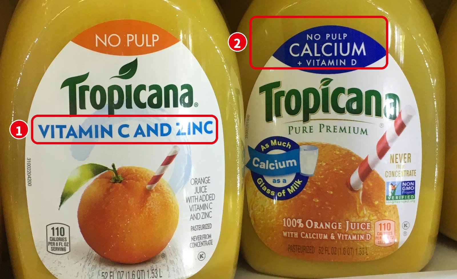 TropicanaのVitamin C and Zinc、Calcium+Vitamin D入りオレンジジュースのパッケージ