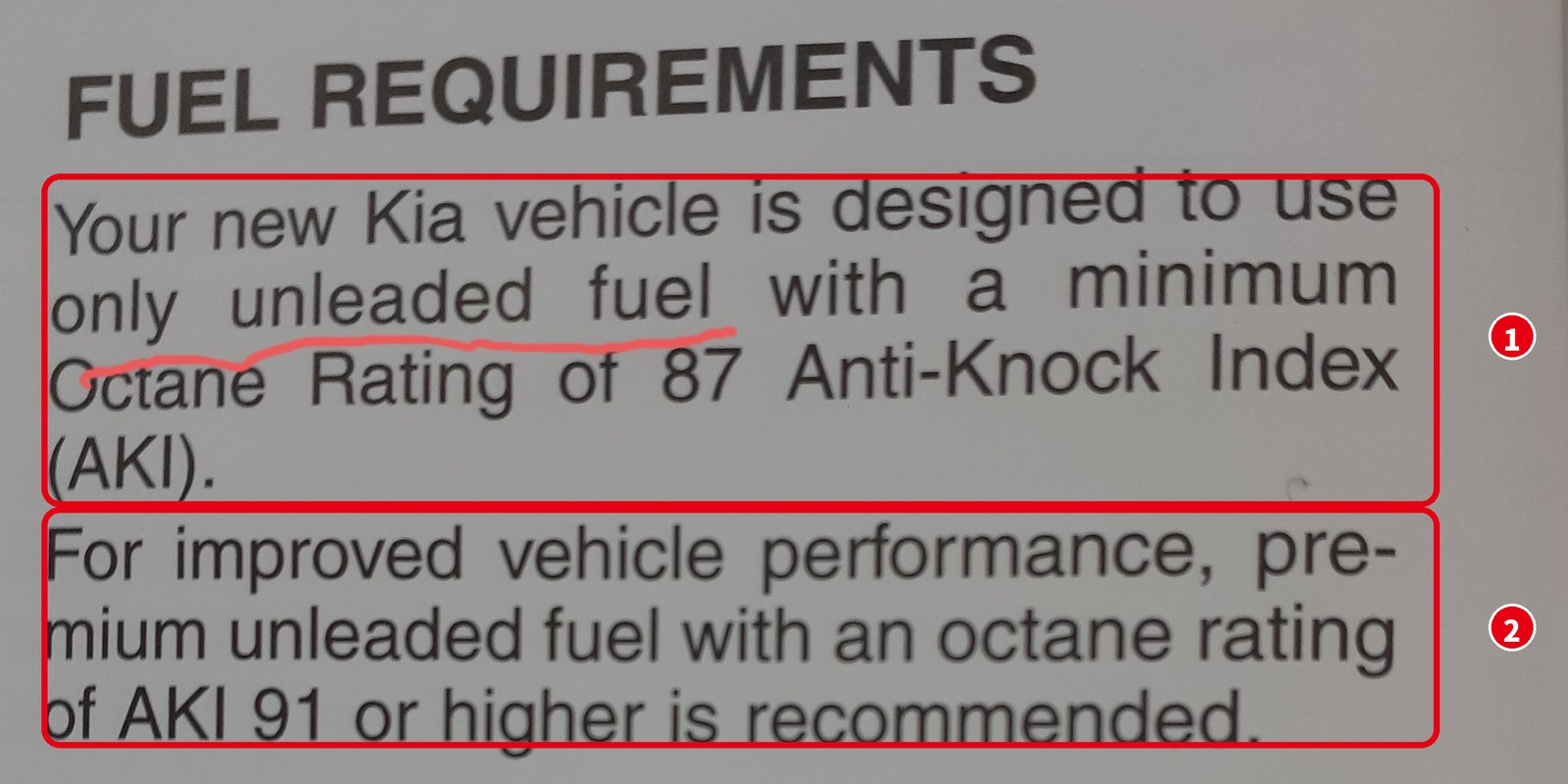 車の取扱説明書「FUEL REQUIREMENTS」のページ