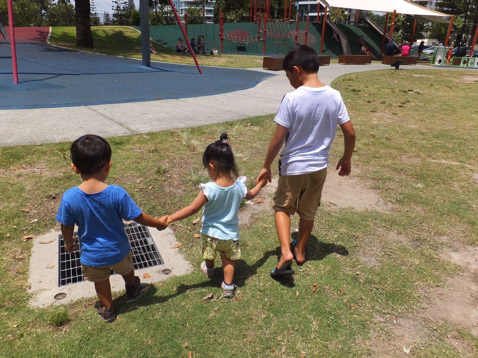 公園の芝生を、手をつないで歩く3人の子どもの後ろ姿
