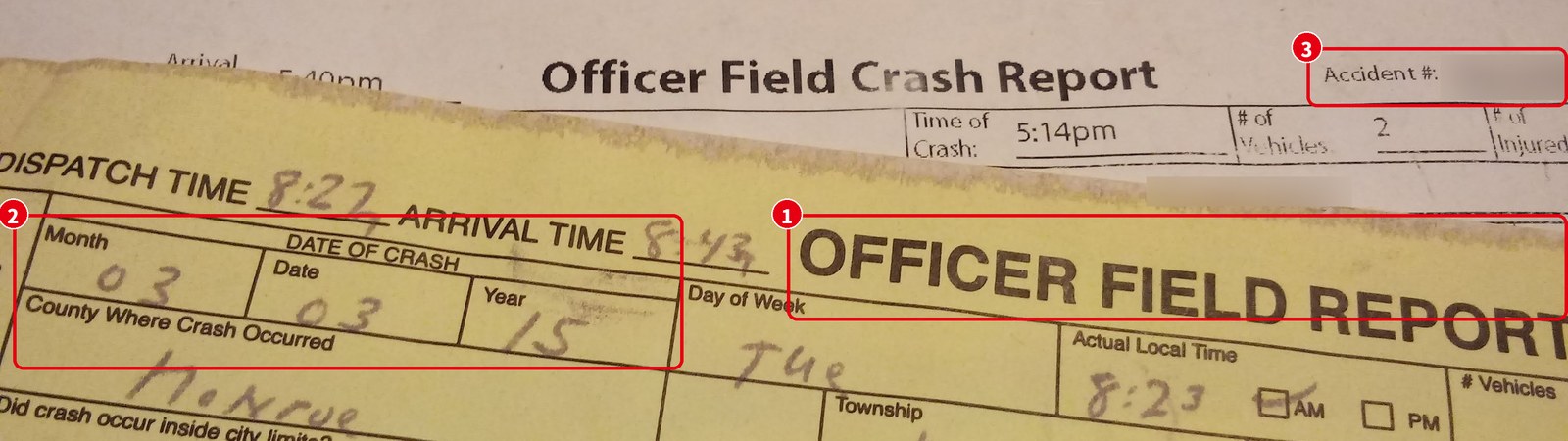 インディアナ州の事故報告書「Officer Field Report」の上の部分