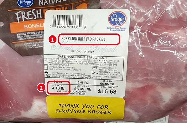「PORK LOIN HALF VAC PACK BL」（真空パック・骨なしの豚ロース）のラベル