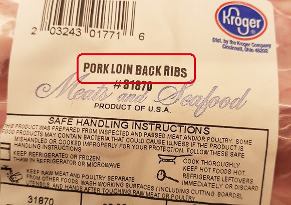 「PORK LOIN BACK RIBS」（豚のバックリブ）のラベル