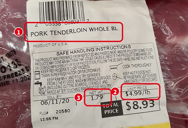 「PORK TENDERLOIN WHOLE BL」（豚ヒレ肉・骨なし）のラベル