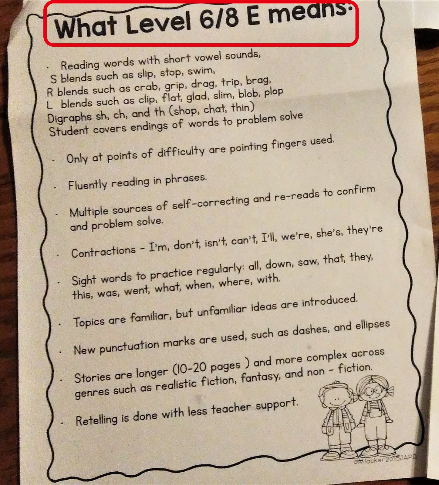 「What Level 6/8 E means:」と書かれた、読書レベルの説明のプリント