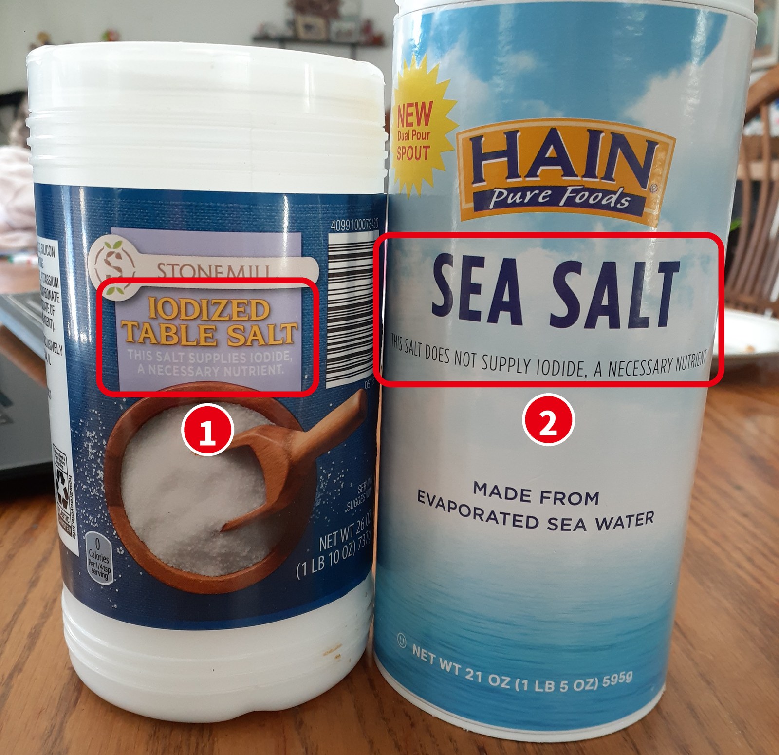 Stonemill の IODIZED TABLE SALT と Hain の SEA SALT