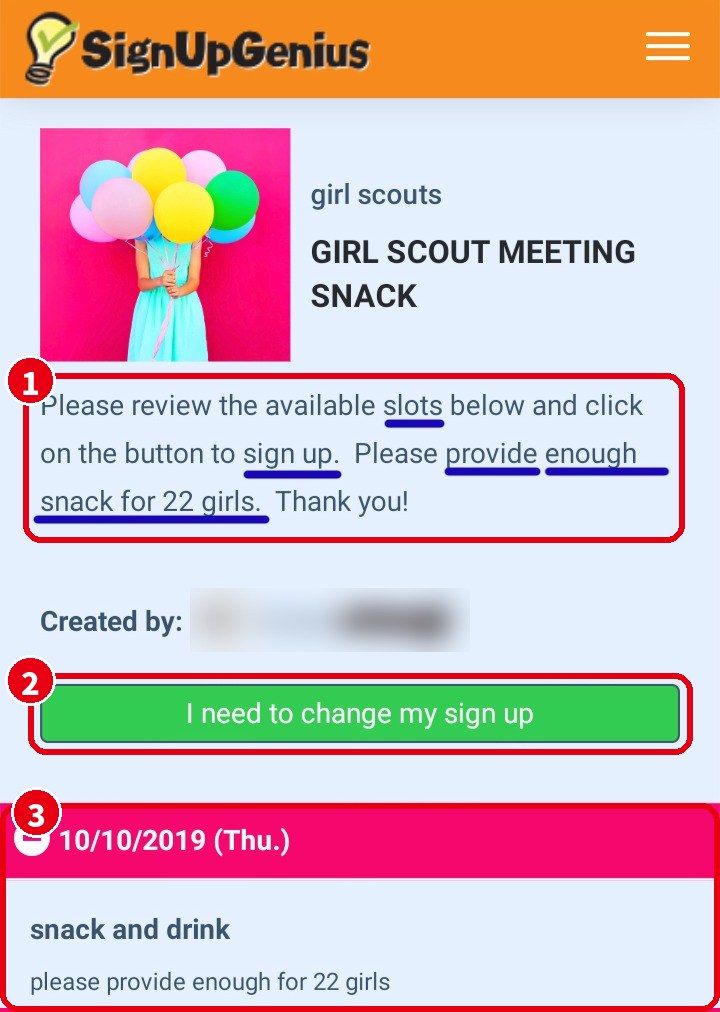 SignUpGeniusの画面。ガールスカウトの集まりのおやつの担当を募る案内
