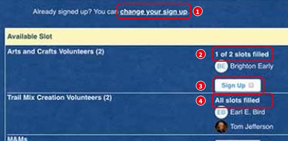 SignUpGeniusの枠の一覧。1 of 2 slots filled、Sign Up のボタン、All slots filled