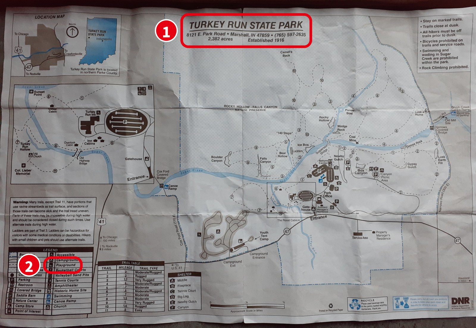 州立公園の地図。上に「TURKEY RUN STATE PARK」、左下の凡例に「Playground」と書かれている