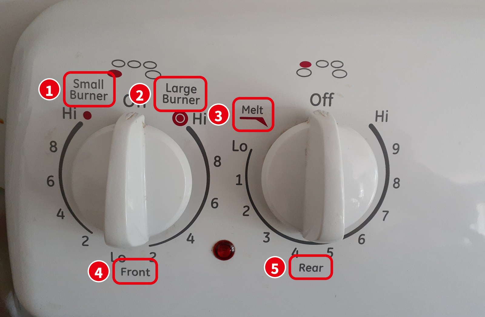 アメリカの電気コンロのつまみ(Small Burner・Large Burner・Melt・Off・Hi・Lo)