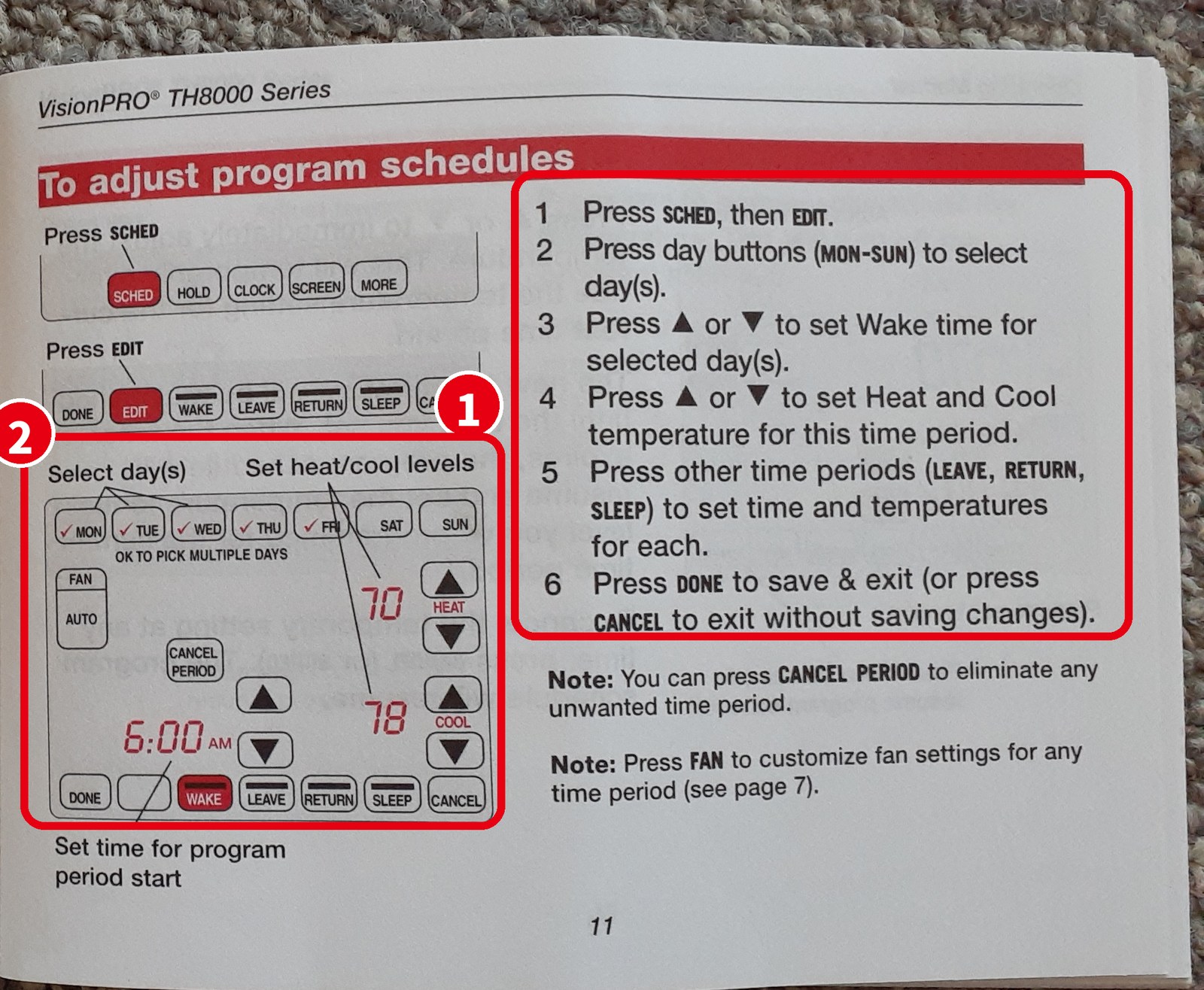 Honeywell の説明書の「To adjust program schedules」のページ