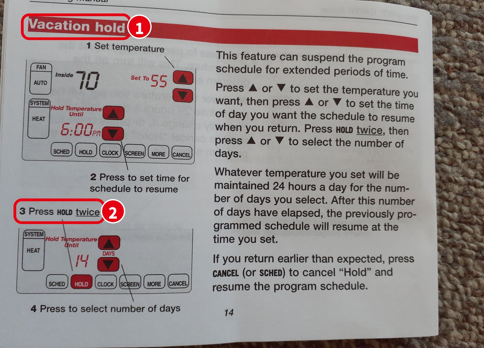 Honeywell の説明書の「Vacation hold」のページ