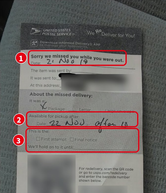 アメリカ(USPS)の不在票 PS Form 3849(宛名・住所・QRコード・バーコード番号はぼかしています)