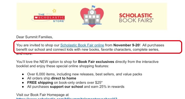 学校のBook Fair（本の販売会）の案内メール