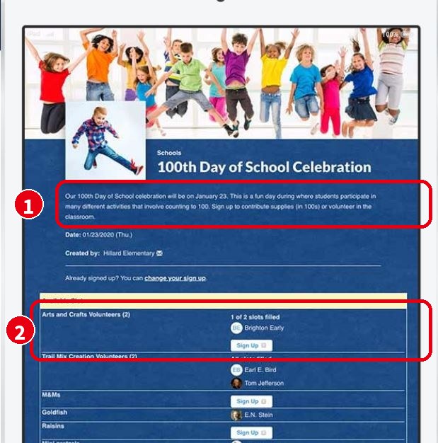 Sign Up Genius の「100th Day of School Celebration」の申込みページ