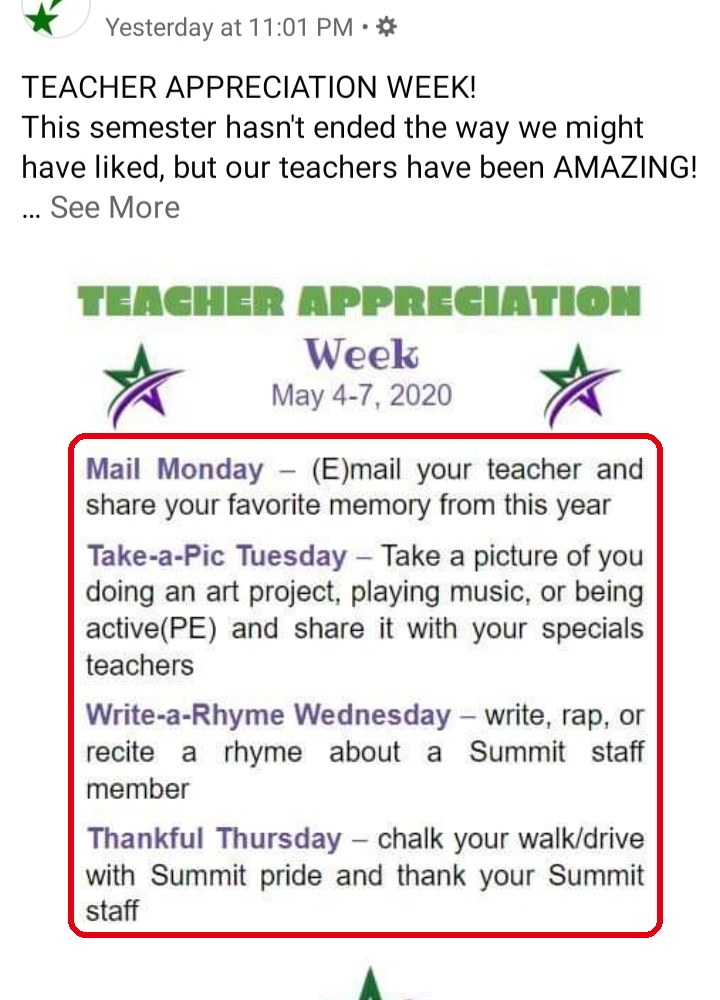 「TEACHER APPRECIATION Week」の予定。曜日ごとに先生に感謝を伝える方法が書かれている