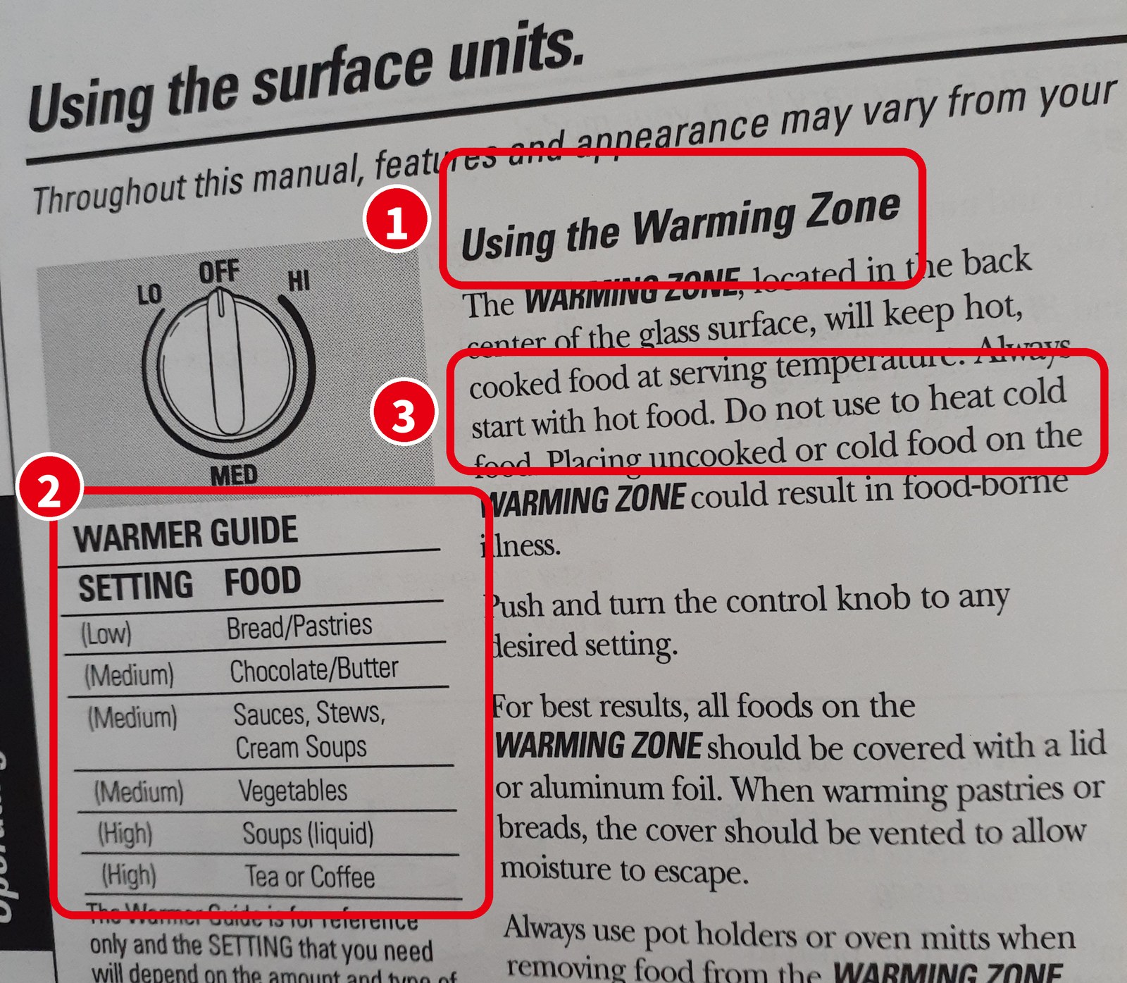 コンロの説明書の「Using the Warming Zone」のページ
