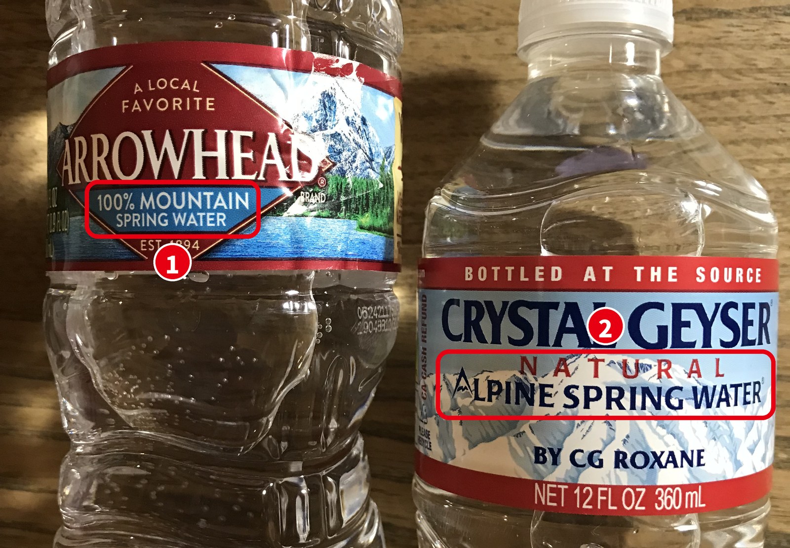 Arrowhead と Crystal Geyser の天然水のボトル