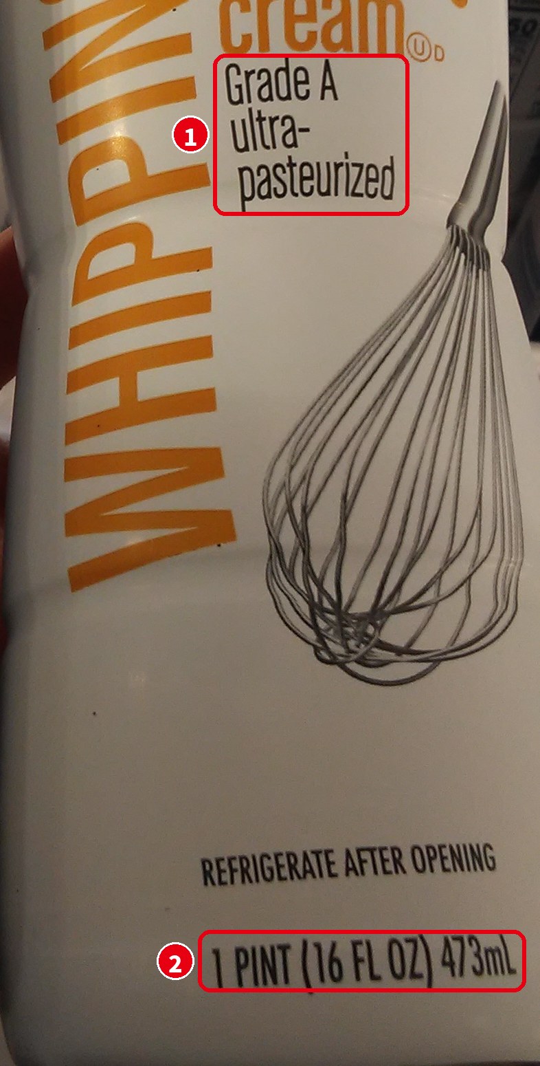 whipping cream のボトルの ultra-pasteurized と 1 PINT（16 FL OZ）473mL の表示